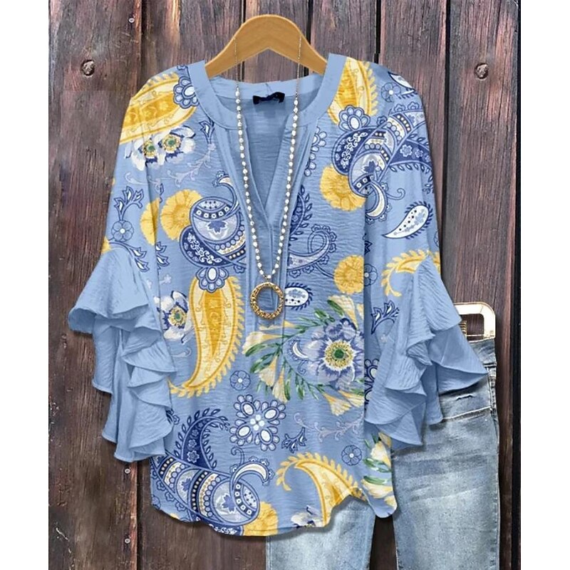 Women's Retro Blouse Layered Ruffle Sleeve Tops Vintage Floral Graphic Bohemia Vintage Daily 3/4 Length Sleeve Regular Tops Daily Holiday Vacation Wear Print Denim Blue Blue Light Blue3