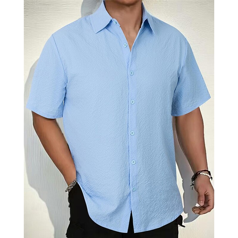Men's Shirt Summer Shirt Casual Shirt Beach Shirt Button Up Shirt Dark Brown Black Green Dark Gray Light Blue Short Sleeve Plain Lapel Vacation Hawaiian Jacquard Clothing Apparel Polyester Fashion2