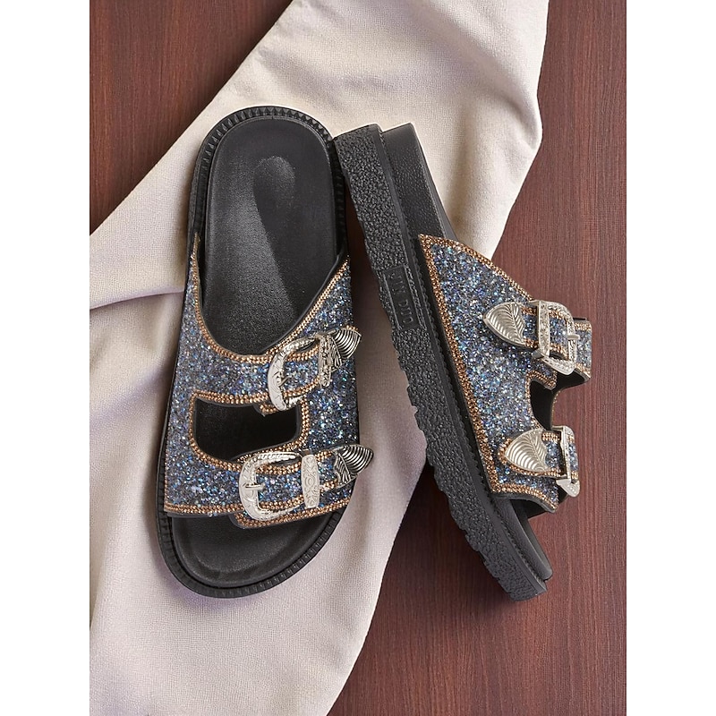 Women's Buckle Platform Slide Sandals – Sparkly Open-Toe Slip-On Shoes with Rhinestone Accents for Casual & Party Wear