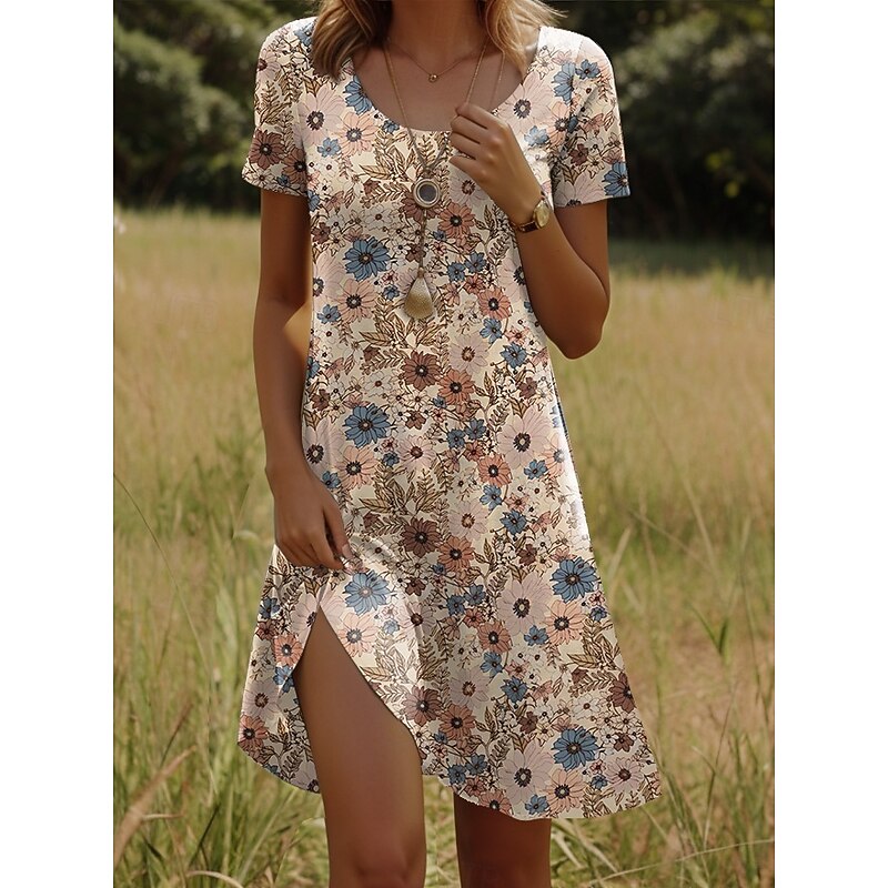 Women's Mini Dress T Shirt Dress Tee Dress A Line Dress Summer Dress Casual Holiday Beach Regular Fit Floral Graphic Short Sleeve Crew Neck Red Light Brown Blue Orange Summer Spring3