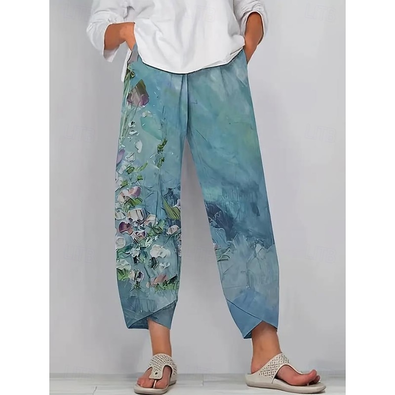 Women's Wide Leg Chinos Baggy Pants Vacation Vintage Ethnic Style Full Length High Waist Floral Graphic Printing Thermal Warm Soft Breathable Micro-elastic Vacation Street Causal Dark-Gray Robin's