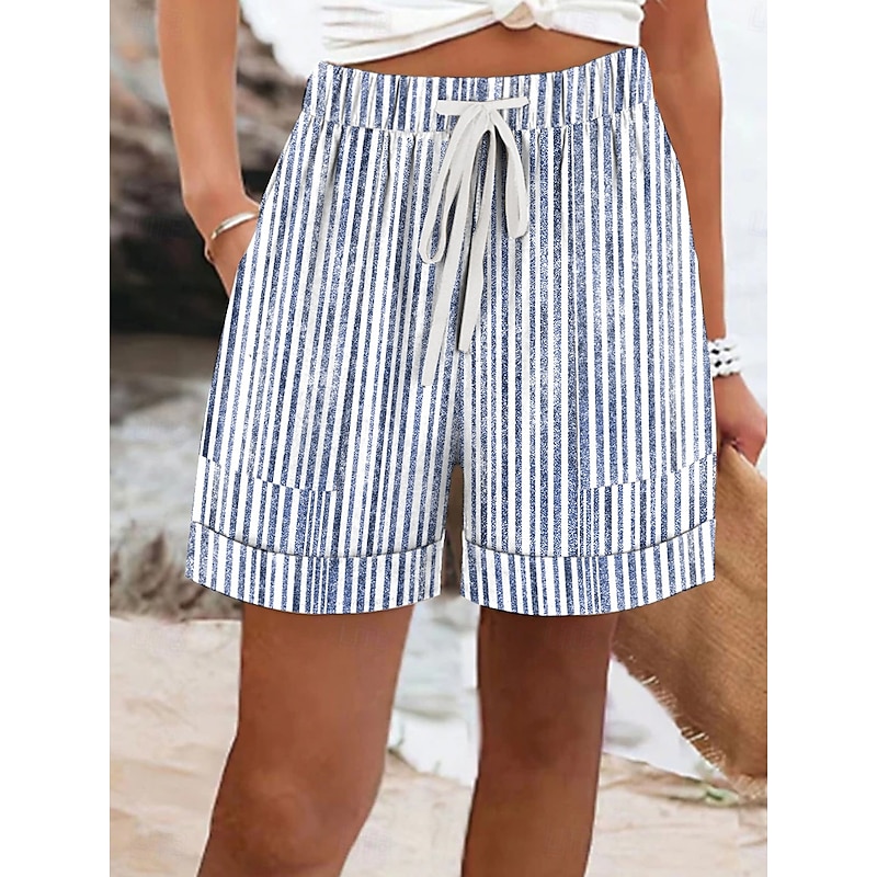Women's Shorts Chinos Vacation Basic Casual Short Mid Waist Striped Elastic Waist Vacation Street Causal Ash Violet Robin's Egg Blue Red Summer Spring Regular Fit