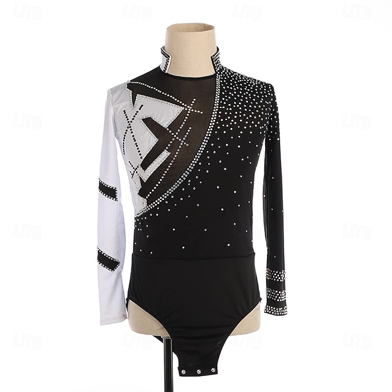 Figure Skating Top Men's Boys Ice Skating Tops Black White Patchwork Spandex High Elasticity Training Competition Skating Wear Classic Crystal / Rhinestone Long Sleeve Ice Skating Figure Skating