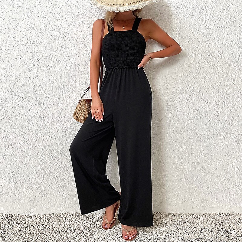Women's Normal Jumpsuit Streetwear Solid Color Sleeveless U Neck Backless Pocket Street Going out Regular Fit Black Summer2