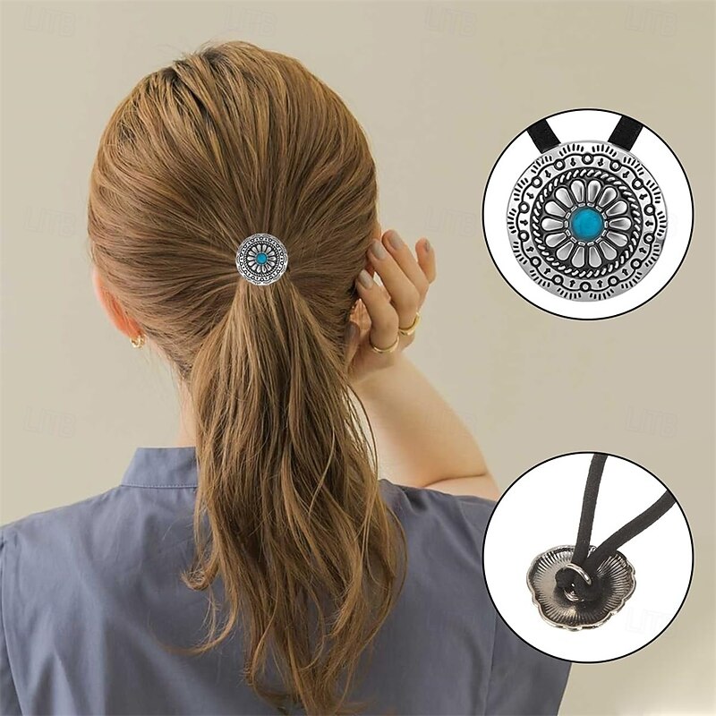 6 PCS Metal Western Style Ponytail Holders Boho Hair Ties Flower Circular Hair Ropes Vintage Squash Blossom Hairs Rope Vintage Turquoise Concho Squash Blossom Hairs Bands for Women Girls3