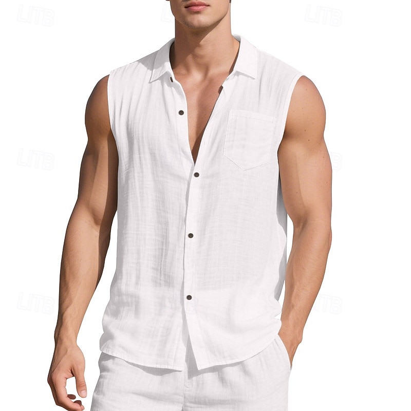 Men's Shirt Linen Shirt Summer Shirt Beach Wear Sleeveless Shirt Solid Color Vacation Street Black White Navy Blue Sky Blue Sleeveless Shirt Collar Summer Spring Clothing Apparel Pocket2