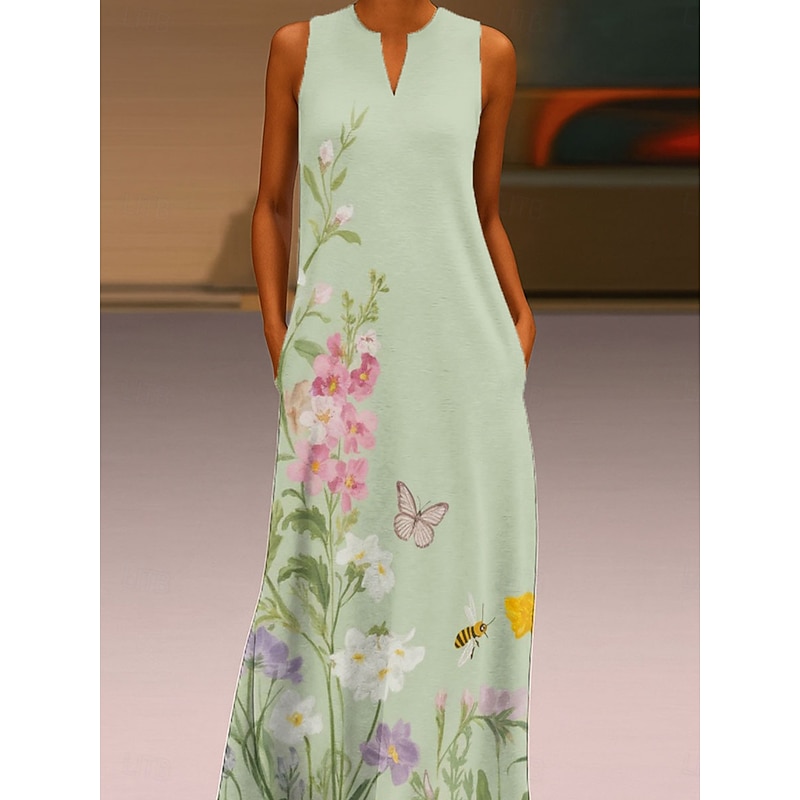 Women's Maxi Dress Sundress A Line Dress Summer Dress Vacation Casual Boho Daily Holiday Loose Fit Floral Graphic Sleeveless V Neck Green Summer2