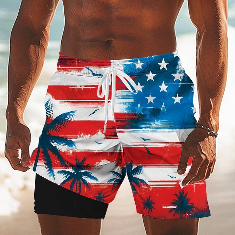 Independence Day Men's Plants US Flag Patriotic Lined Shorts 2 in 1 Board Shorts Swim Trunks Mid Waist Holiday Side Pockets With Compression Liner Elastic Drawstring Waist Designer Clothing Apparel