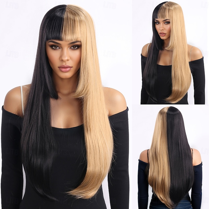 Synthetic Wig kinky Straight Natural Straight Layered Haircut With Bangs Machine Made Wig 28 inch A1 Synthetic Hair Women's Classic Comfortable Color Gradient Multi-color