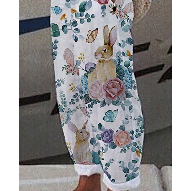 Women's Linen-Inspired Pants Harem Pants Fashion Boho Full Length Mid Waist Rabbit Flower Elastic Waist Breathable Comfortable Micro-elastic Street Daily Wear Going out Blue Summer Spring Regular Fit3