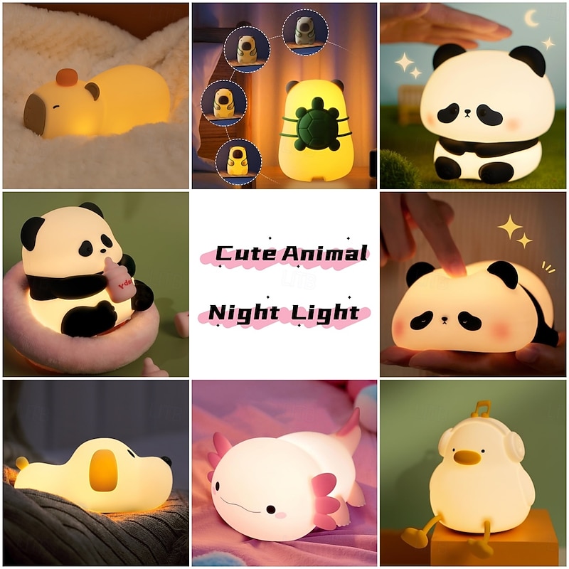 Cute Animal Night Light LED Silicone Squishy Animal Lamp for Kids Ideal Nightlight for Nursery  for Boys and Girls  Fun Room Decor  Soft and Safe Breastfeeding Light (Panda/Capybara/Dog/Duck/Dinosaur)4