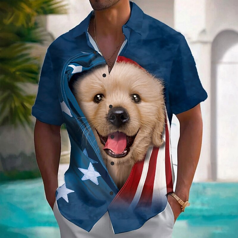 Patriotic Golden Retriever Puppy by VINCENT HIE Men's Independence Day US Flag Button Up Shirt Short Sleeve Designer Shirt Limited Artist Edition
