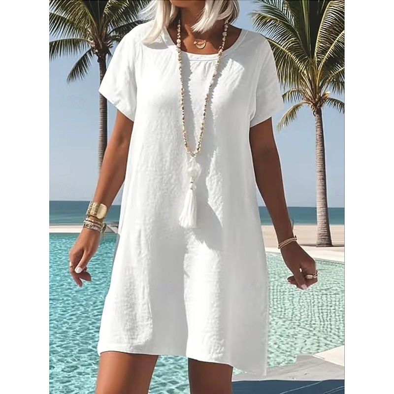 Women's Mini Dress White Dress Cotton Linen Dress Vacation Casual Holiday Form Fit Plain Short Sleeve Crew Neck White Light Blue Summer Spring3
