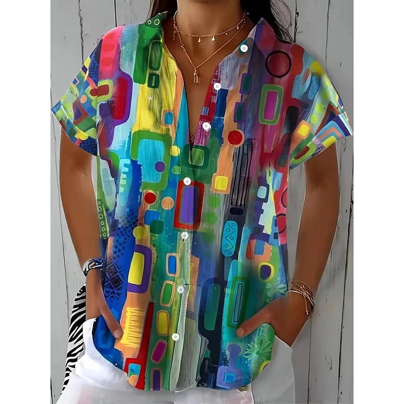 Women's Shirt Long Sleeve Button Down Blouse Graphic Geometric Color Gradient Vintage Tropical Daily Short Sleeve Shirt Collar Regular Tops Daily Pink Blue Green Summer Spring