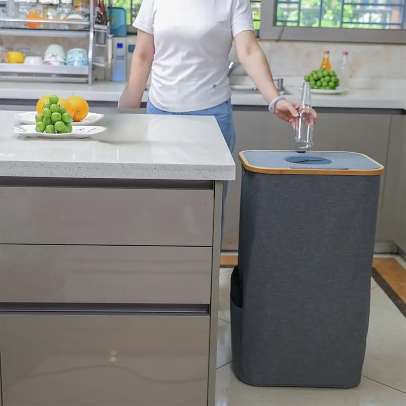 Recycling Bin for Kitchen Indoor Home, 100L Foldable Trash Can with Bamboo Frame, Removable Inner Bags, 4 Sturdy Support Rods, Multipurpose Waste Sorter for Bedroom Living Room Dorm Hotel3