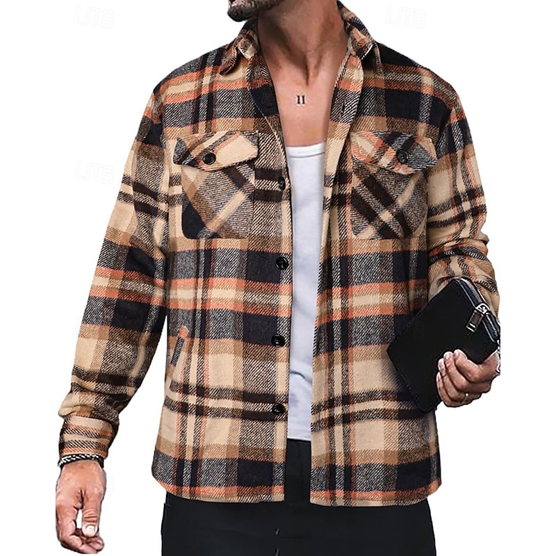 Men's Shirt Jacket Winter Jacket Shacket Plaid / Check Vacation Daily Wear Red Blue Orange Brown Long Sleeve Lapel Winter Autumn / Fall Clothing Apparel Pocket3