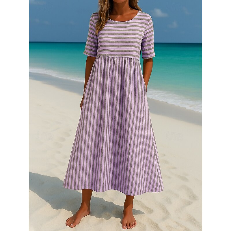 Women's Maxi Dress Sundress Casual Daily Fall Dress Loose Fit Striped Short Sleeve Crew Neck Sky Blue Camel Purple Green Fall2