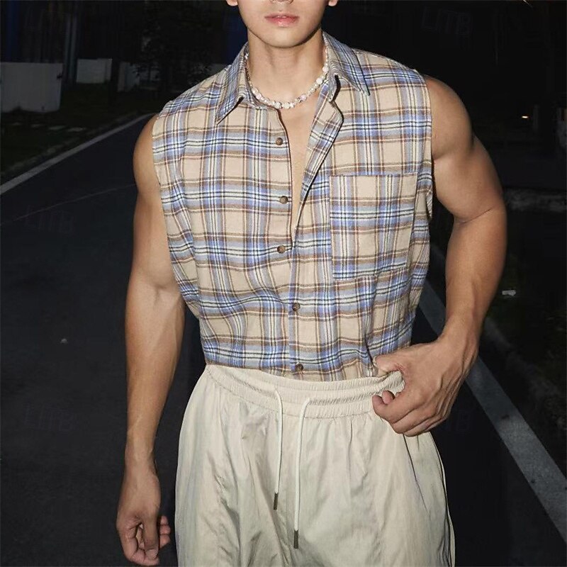 Men's Shirt Summer Shirt Casual Shirt Beach Shirt Button Up Shirt Purple Brown Sleeveless Plaid Lapel Vacation Hawaiian Front Pocket Clothing Apparel Polyester Fashion Casual Comfortable