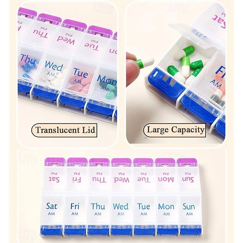 Daily Pill Case Organizer, 7-Day Weekly Medicine Planner Organizer, AM PM, Large Tray 14-Compartment Meds Box Container Holder for Medication, Vitamin, Supplement, Fish Oil2