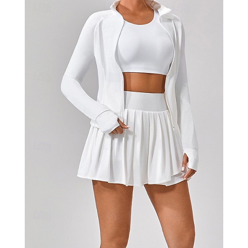 Women's Solid Colored Tennis Skirts with Shorts Tennis Sports Jacket Long Sleeve Zipper Pocket Quick Dry Breathable Tennis Pickleball Running Standing Collar Top Black White Pink Spandex Tennis4