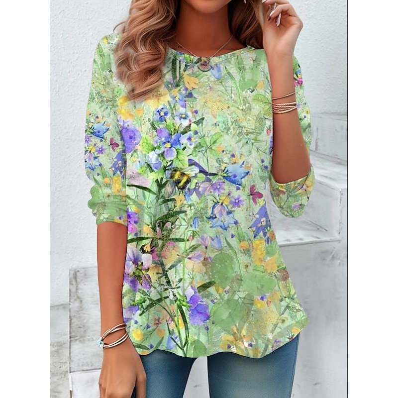 Women's T shirt Long Sleeve Crew Neck Long Sleeve Tunic Floral Graphic Plants Elegant Vintage Stylish Regular Tops Daily Print Pink Blue Purple Green Prefall