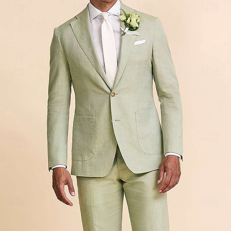 Men's Wedding Casual Linen Suits Sage Summer Fashion Daily Solid Colored Standard Fit 2 Piece Single Breasted Two-buttons