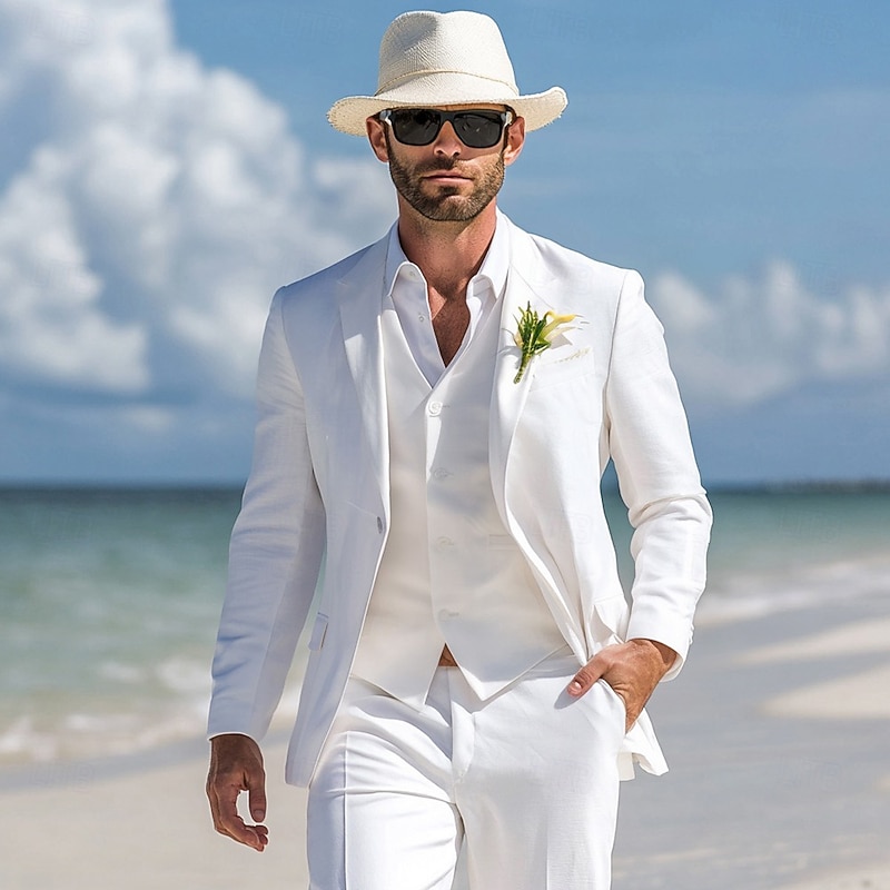 Men's Wedding Beach Wedding Suits White Casual Formal Solid Colored Standard Fit 3 Piece Single Breasted One-button2