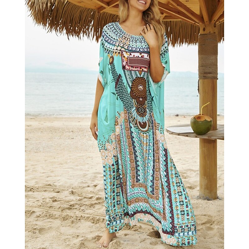 Women's Swimwear Cover Up Swimsuit Tropical Beach Wear Flower Round Neck Short Sleeves Bathing Suits2