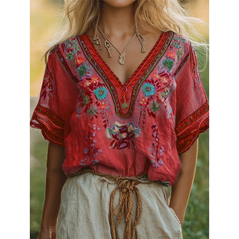 Women's Shirt Floral Graphic Bohemia Stylish Classic Short Sleeve Crew Neck Regular Tops Daily Beach Wear Vacation Wear Print Yellow Red Blue Purple Orange Summer Spring4