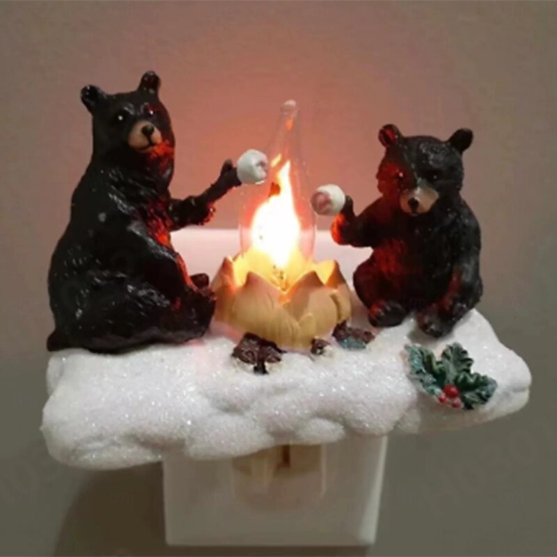 Plug in Night Light, Features 2 Bears Roasting Marsh Mellows Around a Flickering Flame Camp Fire, 4.5-Inch4