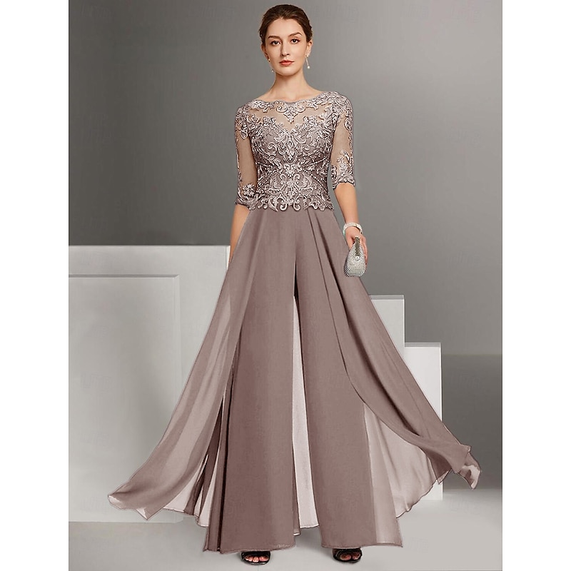 Two Piece Jumpsuit / Pantsuit Mother of the Bride Wedding Guest Church Elegant Petite Bateau Neck Floor Length Chiffon Half Sleeve with Appliques 202