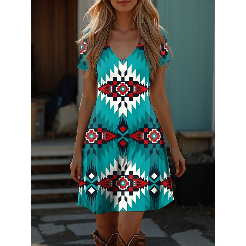 Women's Boho Dress Western Dress Vintage Mini Dress T Shirt Dress Tee Dress Summer Dress Vacation Casual Beach Going out Regular Fit Graphic Tribal Short Sleeve V Neck Red Blue Purple Green Summer