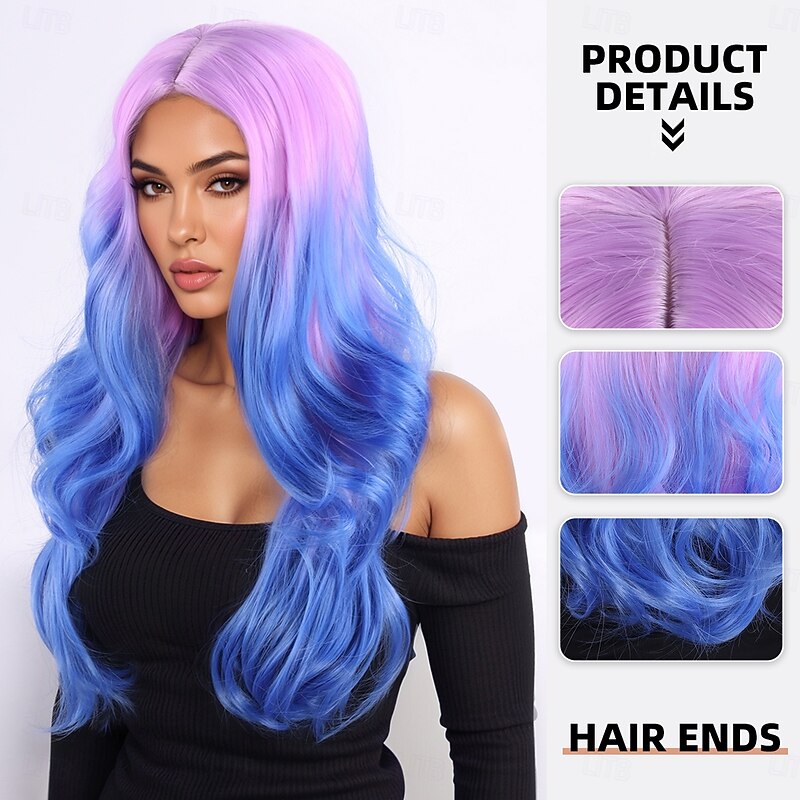 Synthetic Wig Wavy Deep Wave Layered Haircut With Bangs Machine Made Wig 24 inch A1 Synthetic Hair Women's Middle Part Classic Color Gradient Multi-color2