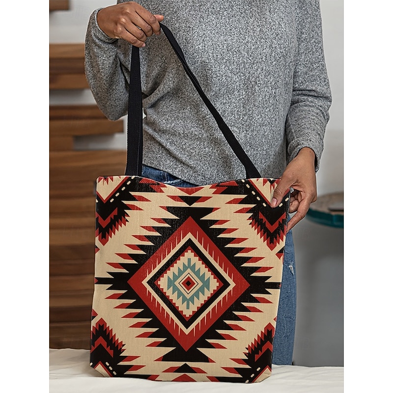 Women's Large Printed Tote Bag with Zipper Pocket, Bohemian Tribal Pattern, Durable Polyester Shoulder Bag for Travel, Shopping and Daily Use4