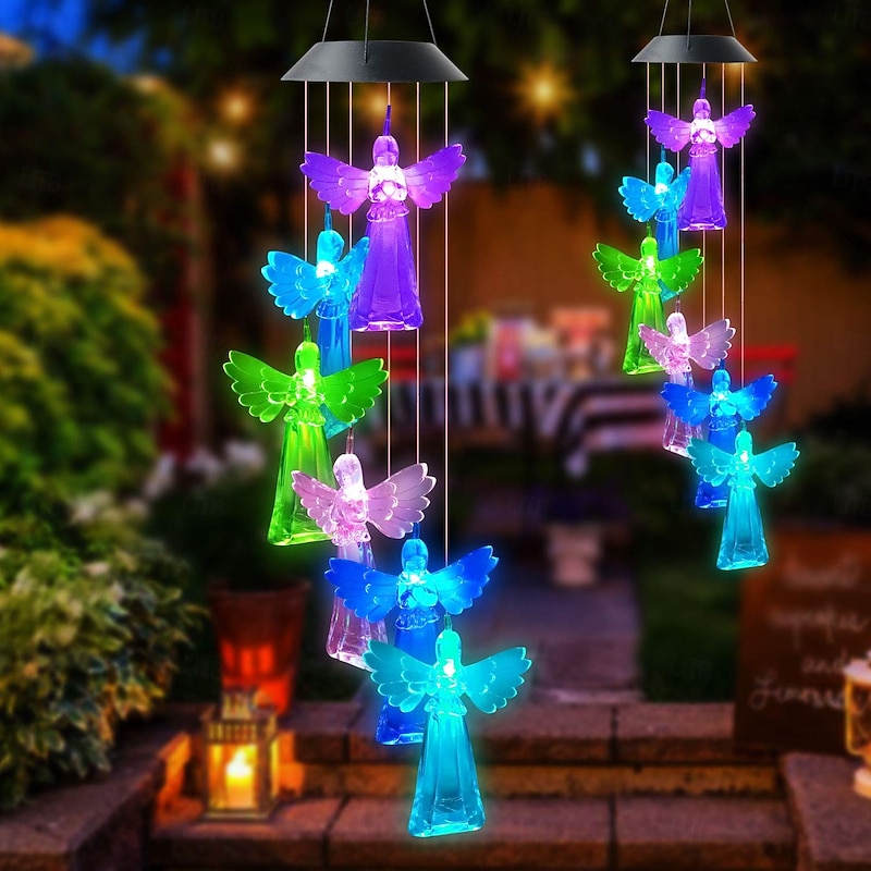 1 Pc Outdoor Solar Angel Wind Chime Light Colorful Light Courtyard Garden Balcony Tree Hanging Decorative Light Mother's Day Gift2