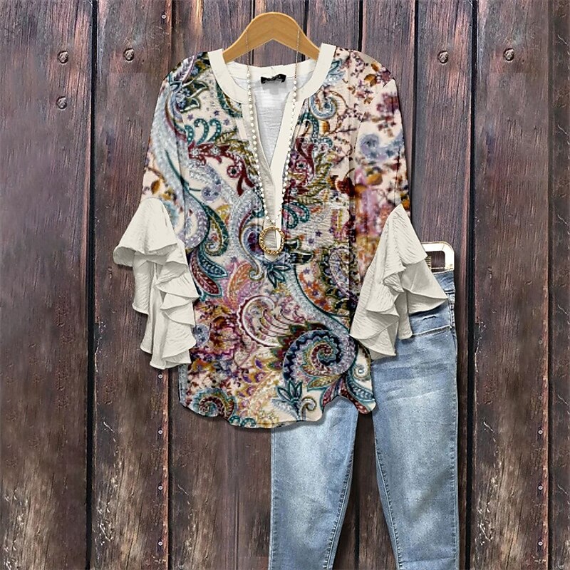 Women's T Shirt Tee Top Floral Graphic Fashion Modern Half Sleeve V Neck Regular Tops Daily Going out Ruffle Print Royal Blue Blue Dusty Blue Summer Spring3