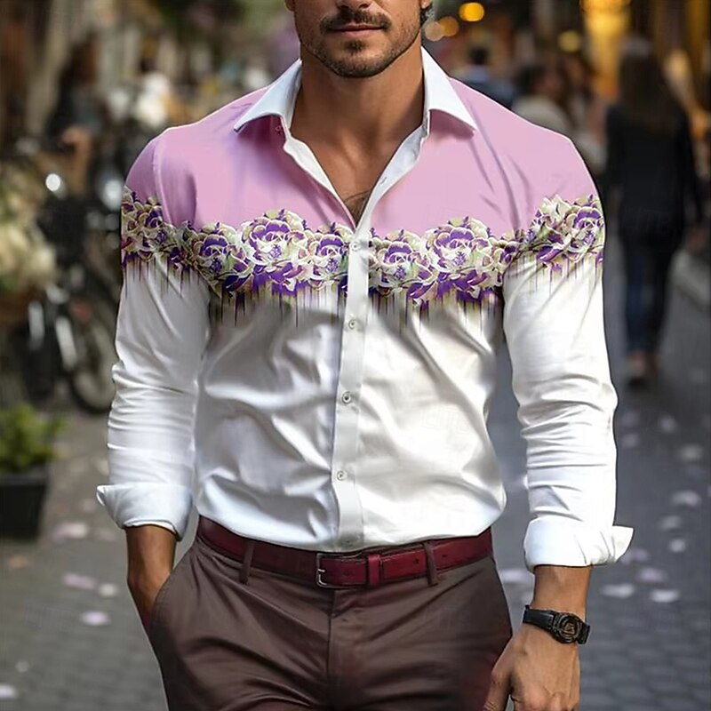 Men's Floral Print Flowers Shirt Button Down Shirt Hawaiian Shirt Long Sleeve Hawaiian Outdoor Vacation Holiday Summer Spring Turndown 3D Print Collared Shirts Yellow Pink Blue Purple4
