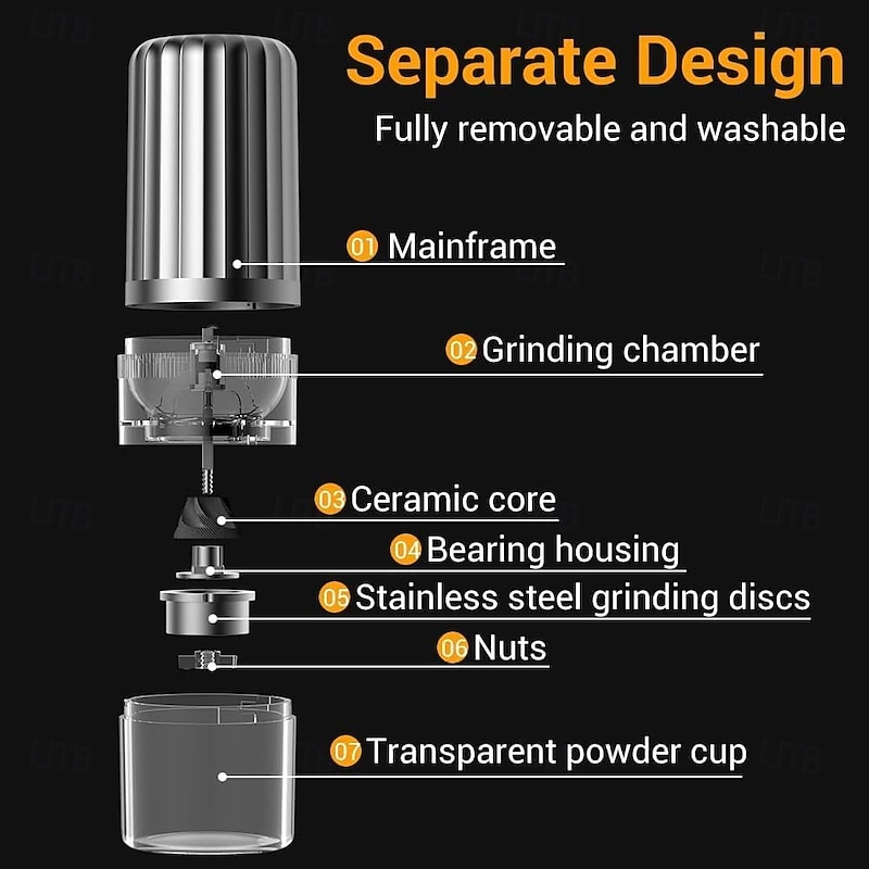 Portable Electric Burr Coffee Grinder Multi Adjustable Settings 1250mAh Rechargeable Coffee Bean Grinder with Conical Ceramic Burr, for Travel, Camping3