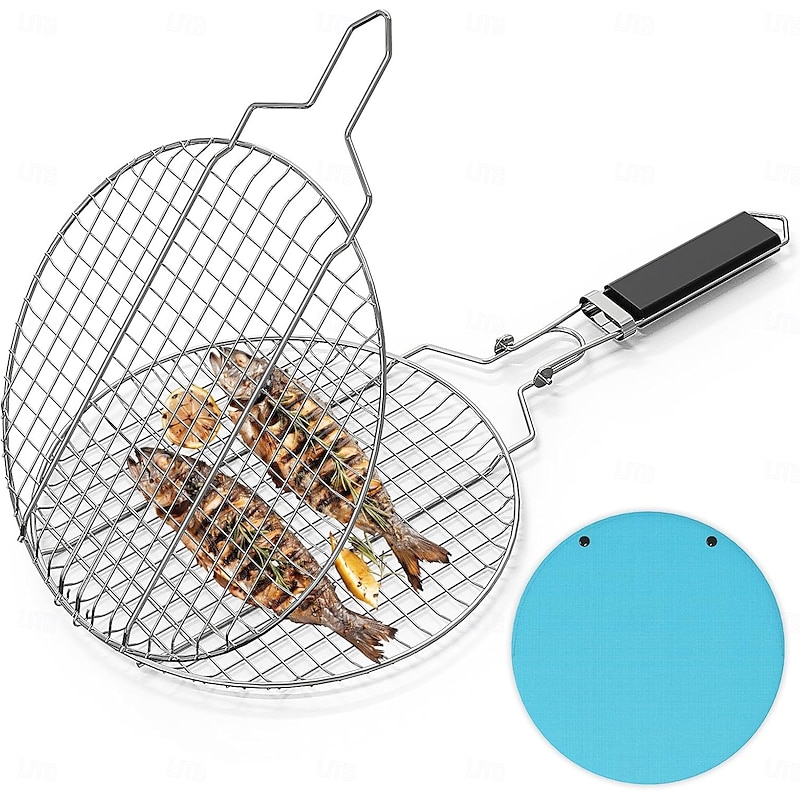 Round Portable BBQ Grill Basket, Stainless Steel Fish Grill Rack with Removable Secure Locking Handle, Grill Accessories for Outdoor Grill Vegetables