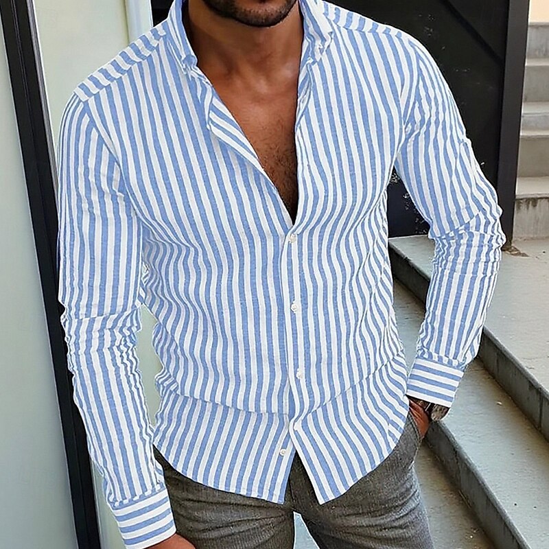 Men's Geometric Striped Shirt Button Up Shirt Casual Dress Shirt Long Sleeve Fashion Casual Formal Vacation Dailywear Summer Spring Turndown 3D Print Collared Shirts Blue Light Blue2