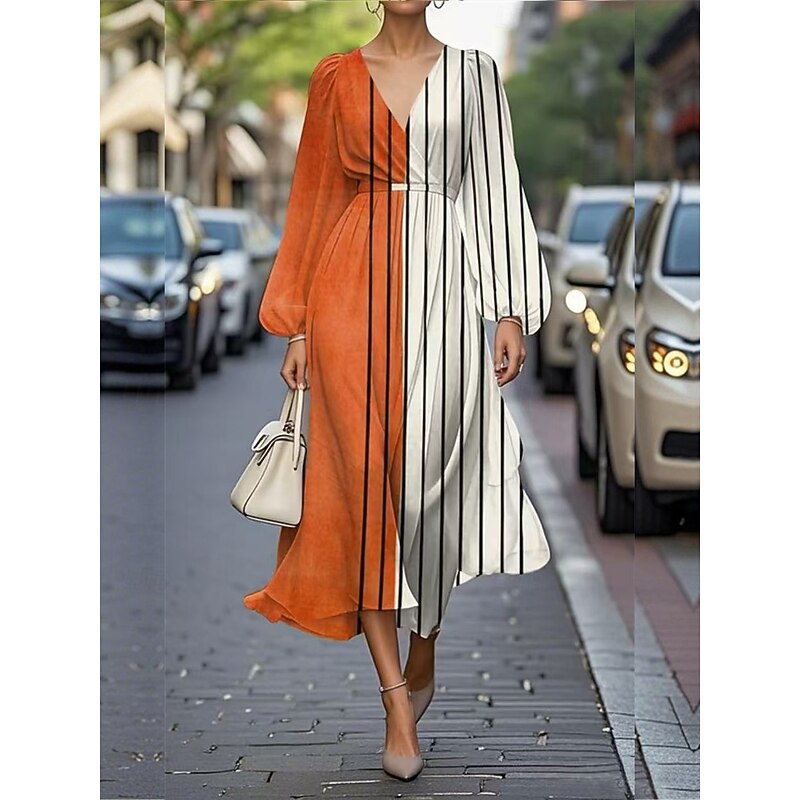 Women's Maxi Dress A Line Dress Casual Outdoor Going out Regular Fit Floral Graphic Geometric Long Sleeve V Neck White Purple Fuchsia Orange Summer3