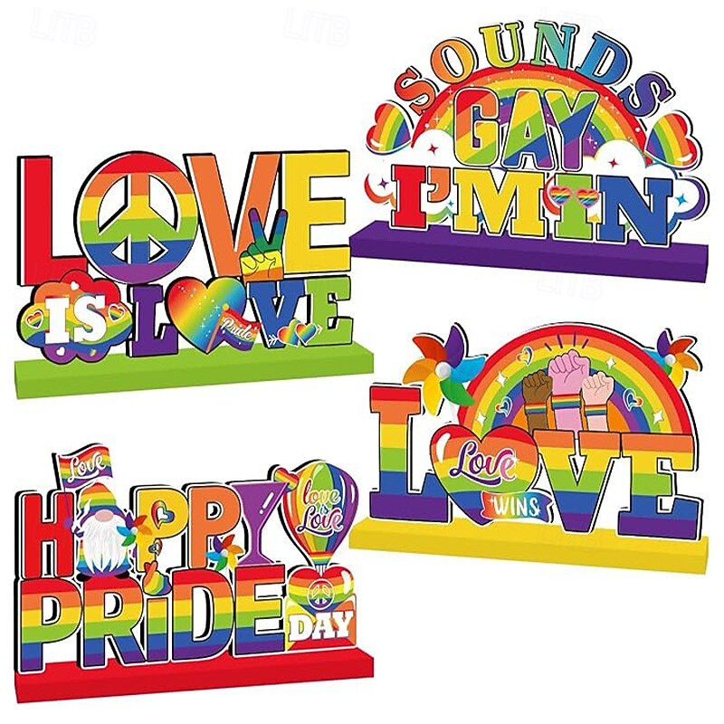 4 Pieces Pride Decorative Wooden Table Centerpieces, Love Is Love Table Decorations for Pride Month, Rainbow Theme LGBTQ Party Supplies, Perfect for Pride Celebration and Party Decor
