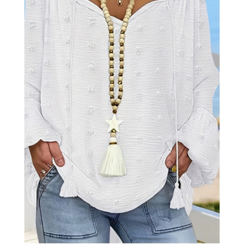 Women's Blouse Lace Tops Plain Modern Casual Long Sleeve V Neck Regular Tops Daily Holiday Going out Patchwork White Summer3