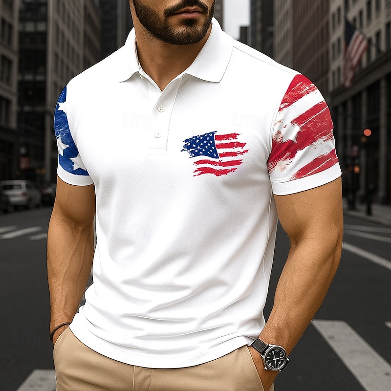 Independence Day Men's American Flag Polo Short Sleeves Polo Collar Lapel Casual Daily Festival Buttons Summer White Red Navy Blue3