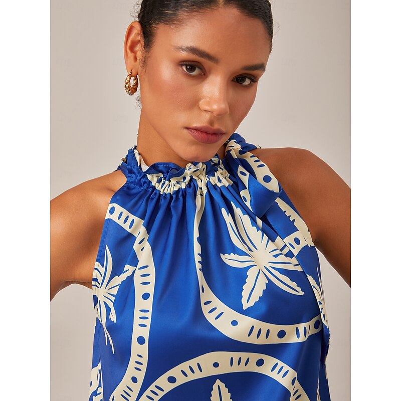 Geometric Print Sleeveless Top with Ruffle Tie Neck3