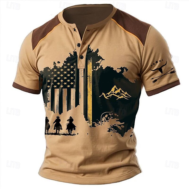 Men's Cowboy T shirt Henley Shirt Short Sleeve 3D Print Designer Retro Vintage Western Style Street Casual Daily Summer Spring Light Brown Blue Brown Henley Henley T-Shirt