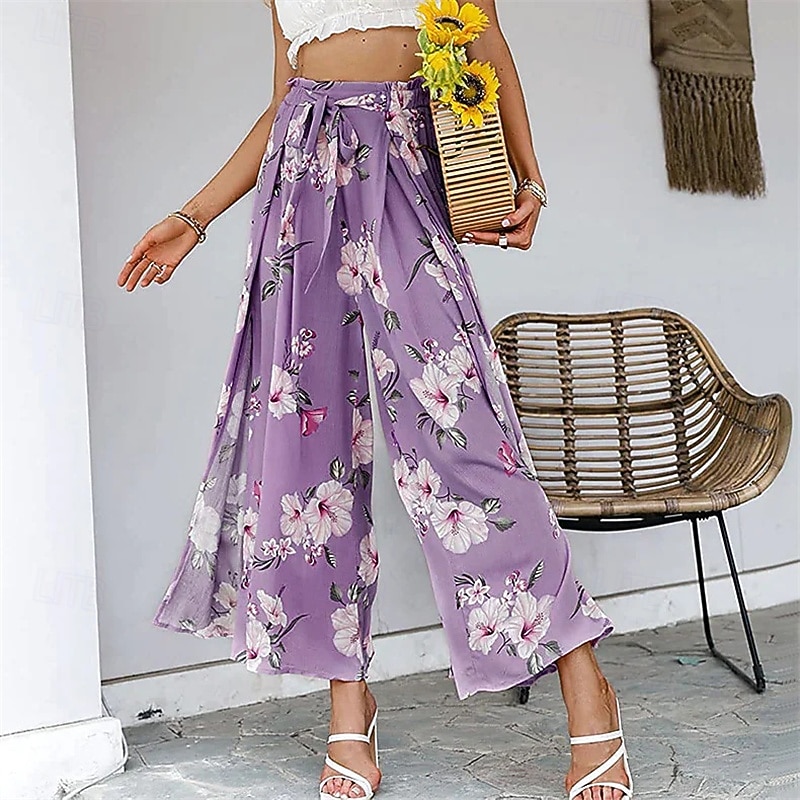 Women's Linen-Inspired Pants Wide Leg Palazzo Pants Fashion Boho Full Length High Waist Flower Elastic Waist Split Comfy Comfortable Street Daily Wear Going out Yellow Pink Purple Brown Summer3