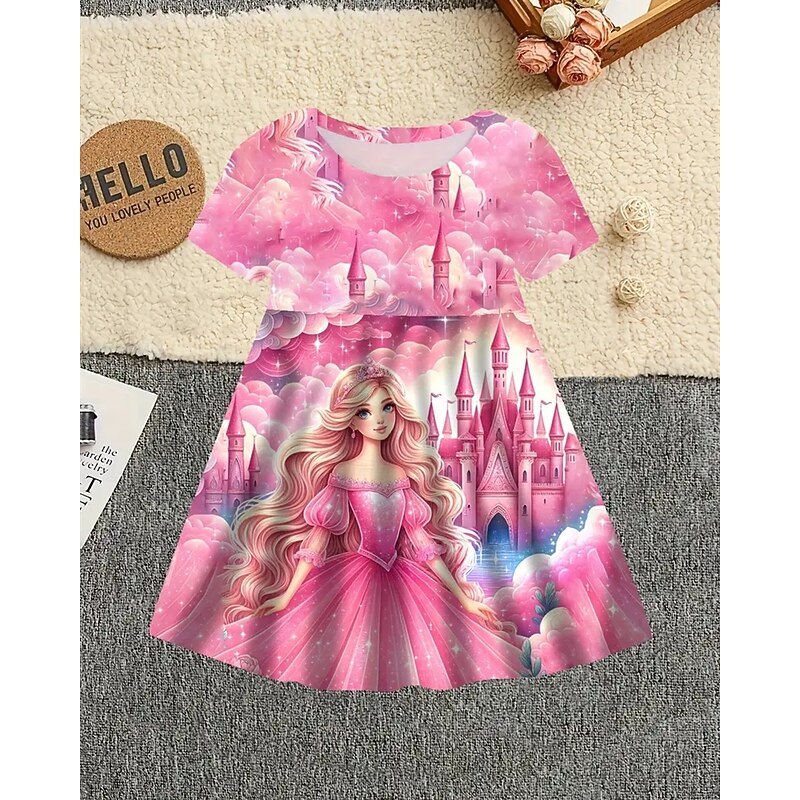 Girls' 3D Cartoon Dress Short Sleeve Summer Spring Vacation Daily Holiday Princess Beautiful Sweet Kids 4-12 Years Casual Dress A Line Dress Knee-length Regular Fit2