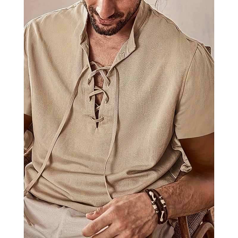 Men's Shirt Summer Shirt Casual Shirt Beach Shirt Black Apricot Short Sleeve Plain Band Collar Vacation Hawaiian Lace up Clothing Apparel Polyester Fashion Casual Comfortable2