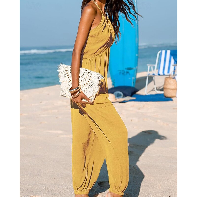 Women's Normal Jumpsuit Streetwear Solid Color Sleeveless Halter Neck Pocket Street Daily Regular Fit Black Yellow Navy Blue Summer3